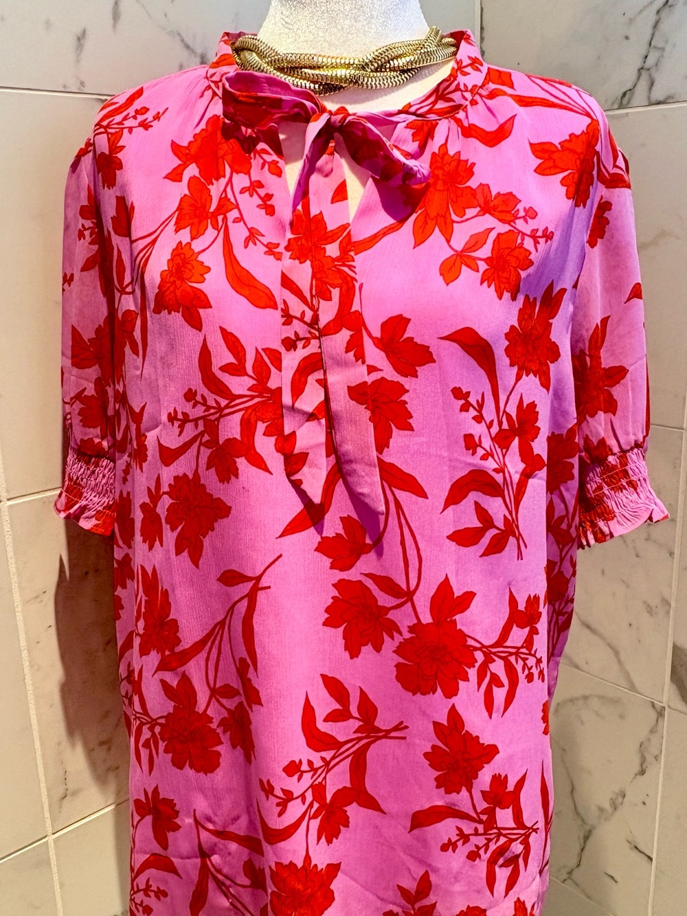 Ann Taylor Pink and Red Floral Blouse with Tie-Neck